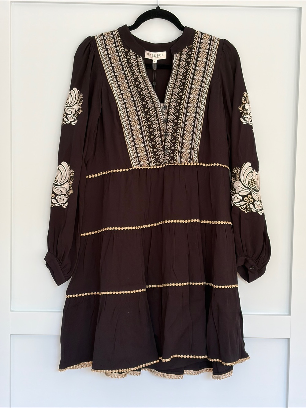 Hale Bob Black Long-Sleeve Embroidered Dress